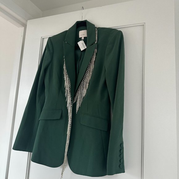 Cinq à Sept Cheyenne Blazer Jacket Rhinestone Fringe Dark Emerald Womens Sz 4 - Picture 6 of 13